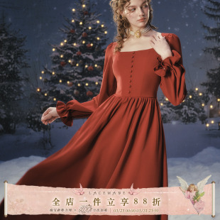 浓情波尔多 连衣裙敬酒服冬季 法式 红色长袖 复古通勤长款 LaceMade