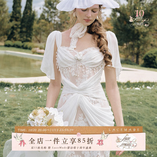 LaceMade 白棠花 法式鱼骨蕾丝白色包臀长裙轻婚纱晚礼服连衣裙女