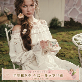 LaceMade 白山茶 法式田园初恋小白裙一字肩连衣裙长袖通勤秋冬女