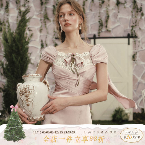 LaceMade 恋上马蹄莲 法式设计感古典礼服裙蕾丝拼接缎面连衣裙女