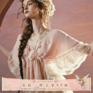 桃花扇 雪纺衫 法式 上衣蝙蝠衫 女 少女千金风蕾丝v领中袖 LaceMade