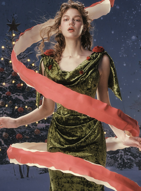 LaceMade 绿野玫瑰变身 法式复古优雅丝绒吊带裙鱼骨收腰连衣裙秋