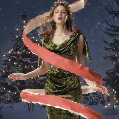 LaceMade 绿野玫瑰变身 法式复古优雅丝绒吊带裙鱼骨收腰连衣裙秋