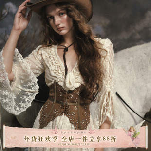 LaceMade 白马公主 法式复古重工蕾丝v领连衣裙麂皮鱼骨腰封套装