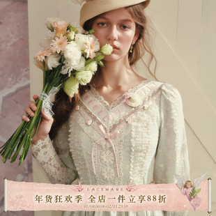 LaceMade 踏青小草帽 法式田园初恋v领蕾丝拼接绿色长袖连衣裙女
