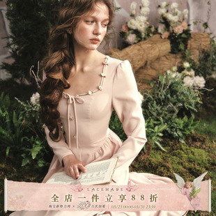 复古淑女风日常通勤高智感淡粉色连衣裙秋 法式 LaceMade 蔷薇日记