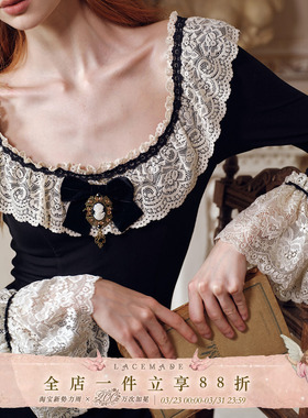 LaceMade 庞贝的琴音 法式田园黑色针织打底连衣裙秋长袖通勤显瘦