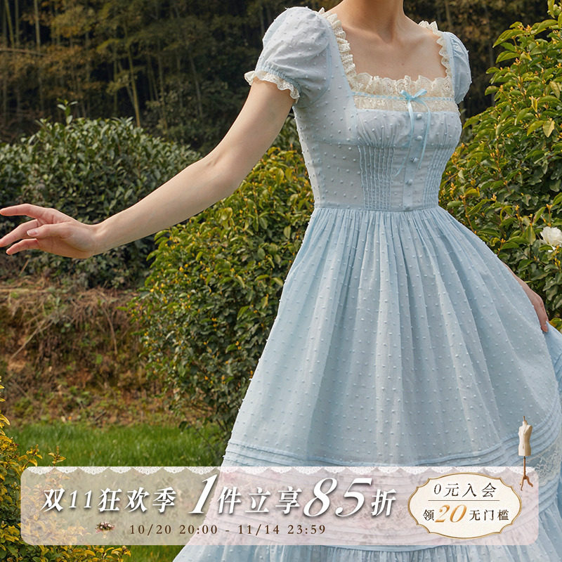 LaceMade 灰姑娘 公主系列辛德瑞拉棉质方领法式公主裙蓝色连衣裙