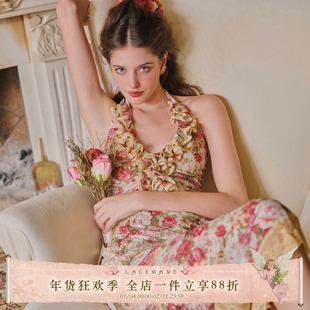 LaceMade 弗莱明戈 法式复古浪漫度假弹力印花网纱挂脖鱼尾连衣裙
