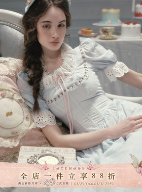 LaceMade 爱丽舍公主 法式田园风棉质甜美收腰显瘦鱼骨蓝色连衣裙