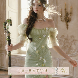 Lacemade 《树》 法式浪漫法式泡泡袖仙女裙绿色网纱连衣裙
