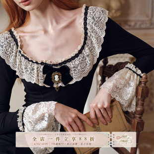 LaceMade 庞贝的琴音 法式田园黑色针织打底连衣裙秋长袖通勤显瘦