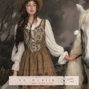 LaceMade 古典伽利略 法式西部牛仔风复古乡村印花麂皮镂空连衣裙