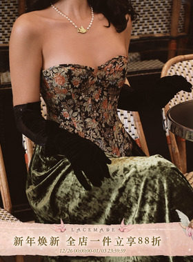 LaceMade 翡冷翠歌剧 法式宫廷风高级感绒面通勤墨绿色丝绒半身裙