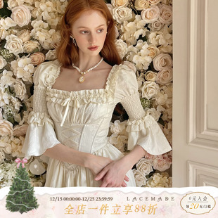 复古宫廷设计感白色连衣裙腰封早秋套装 LaceMade 法式 摇篮 天使
