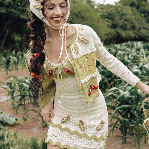 LaceMade 莓莓蔬菜园 法式复古田园针织少女连衣裙长袖开衫外套秋