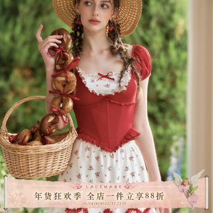 LaceMade 小西瓜 法式减龄学院小个子红色短袖上衣波点半裙套装女