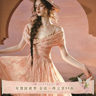 LaceMade 落日花海 法式油画田园风仙女裙设计感长裙肌理感连衣裙