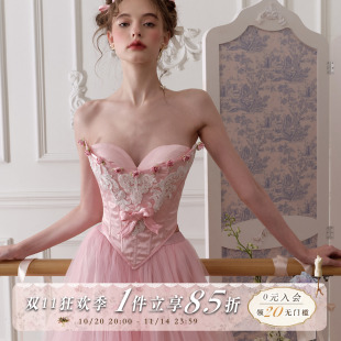 甜美芭蕾风粉色鱼骨胸衣网纱半裙套装 法式 秋 芭比珍妮花 LaceMade