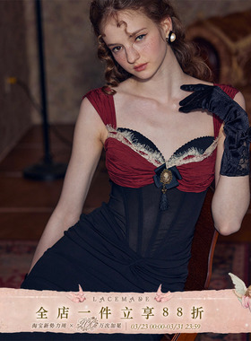 LaceMade 摇晃的红酒杯 法式复古风鱼尾缎面设计鱼骨连衣裙礼服裙