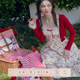 LaceMade 红石榴 法式棉田园风蕾丝印花鱼骨连衣裙夏季女通勤方领