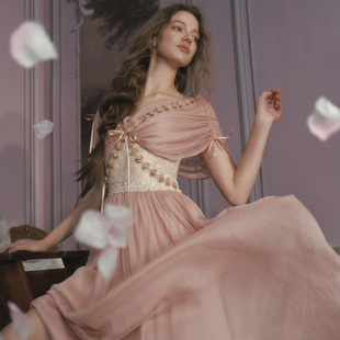 LaceMade 玫瑰橄榄枝 法式复古设计感长裙粉色仙女裙收腰连衣裙女