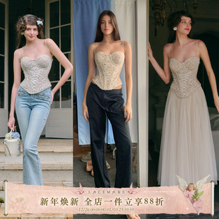 复古浪漫蕾丝网纱鱼骨胸衣半裙仙女裙套装 法式 白月织梦 LaceMade