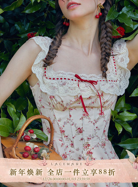 LaceMade 红石榴 法式棉田园蕾丝印花衣连衣裙通勤鱼骨裙方领女夏