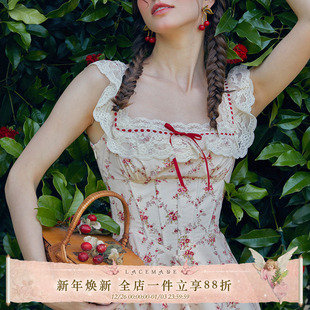 棉田园蕾丝印花衣连衣裙通勤鱼骨裙方领女夏 法式 LaceMade 红石榴