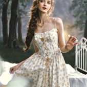 田园甜美风棉质碎花鱼骨连衣裙女气质春夏 法式 LaceMade 迷雾橘林