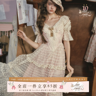 LaceMade 鎏金请柬 法式复古维多利亚礼服蕾丝鱼骨生日连衣裙粉色