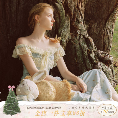 LaceMade 林间精灵 法式田园风重工刺绣蕾丝拼接吊带长款连衣裙女