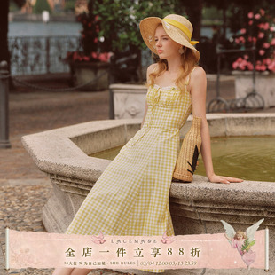 LaceMade 小柠檬 法式田园风设计感黄色格子吊带裙通勤连衣裙长款