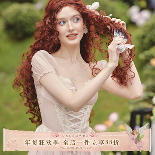 LaceMade 粉雾仙子 法式粉色仙女裙设计感长款短袖鱼骨连衣裙通勤