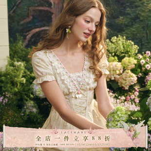 LaceMade 花田茶会 法式田园碎花短袖连衣裙鱼骨裙长款通勤夏季女