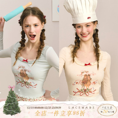 LaceMade 莓莓小厨娘 法式甜美基础款纯色印花针织T恤上衣内搭女