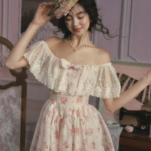 LaceMade 小茜茜公主 法式甜美公主裙粉色短款鱼骨连衣裙小个子女