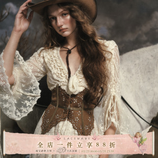 复古重工蕾丝v领连衣裙麂皮鱼骨腰封套装 法式 白马公主 LaceMade