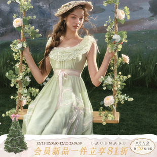 田园重工一字肩仙女裙绿色蕾丝裙女限时返场 法式 LaceMade 绿风筝