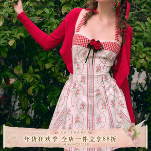 LaceMade 玫瑰丘比特 法式田园红色挂脖连衣裙短款小个子夏度假女