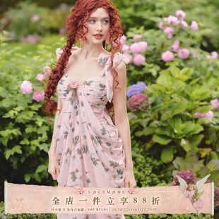 LaceMade 栀语清茶 法式度假海边设计感碎花连衣裙立体剪裁夏季女