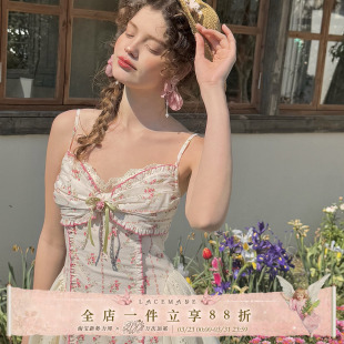 LaceMade 玫瑰绵绵冰 法式田园少女碎花鱼骨吊带连衣裙短款小个子