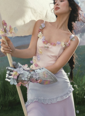 LaceMade 花花战士 法式仙女风拼接设计修身显瘦长款吊带连衣裙春
