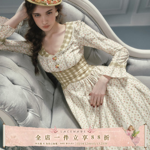 LaceMade 温莎花园 法式田园风棉质清新通勤碎花长袖绿色连衣裙女