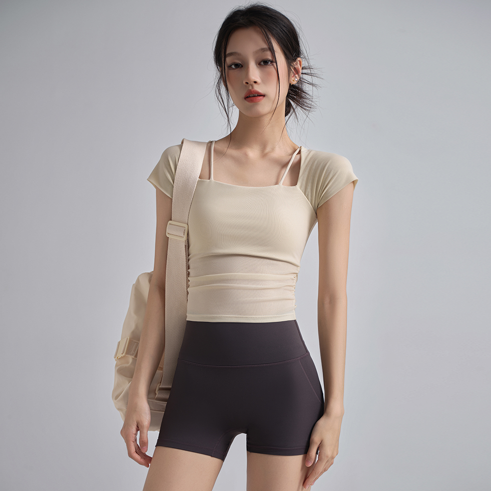 瑜伽服上衣女修身显瘦假两件网纱透气健身衣短袖普拉提训练服夏季