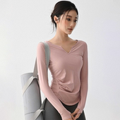 V领褶皱收腰普拉提运动T恤瑜伽服长袖 健身长袖 女秋冬修身