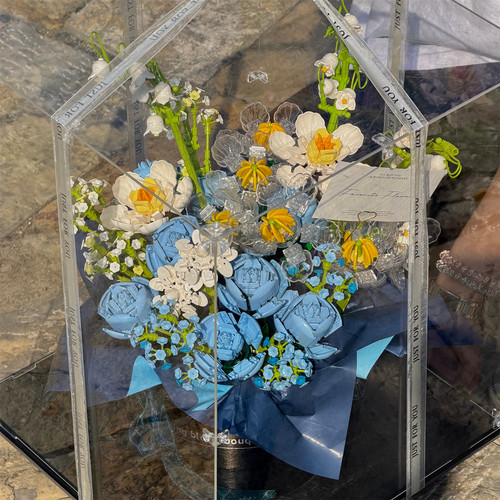 蓝色积木花束展示盒拼装一整套手工DIY生日礼物送女生闺蜜情侣
