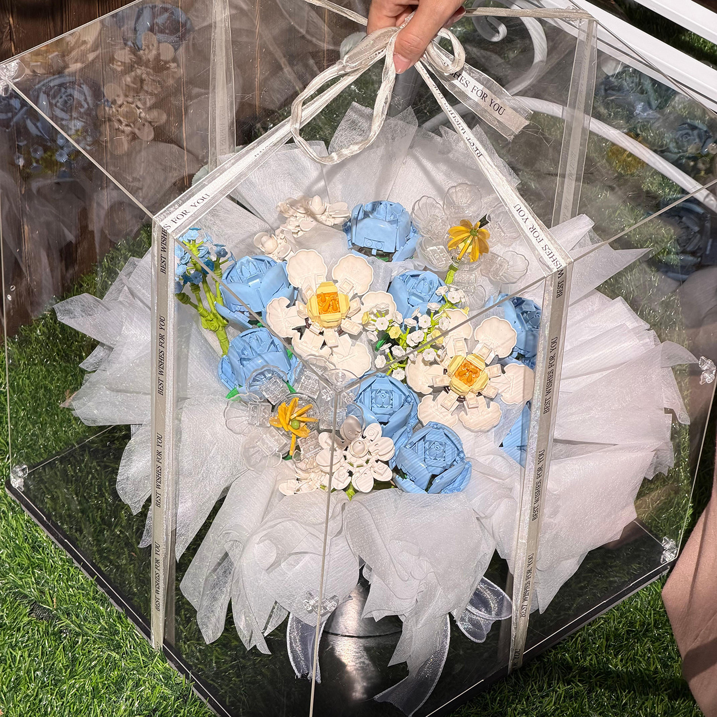 蓝色积木花束展示盒拼装手工DIY材料包一整套送女生男友生日礼物图片