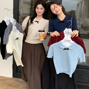 拼接麻花设计蝴蝶结Polo领韩系短袖 MSTUDIO漫莎 毛衣m8005