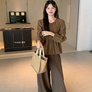 秋上新～韩系圆领缩折轻熟风印花小衫 MSTUDIO漫莎 T7520